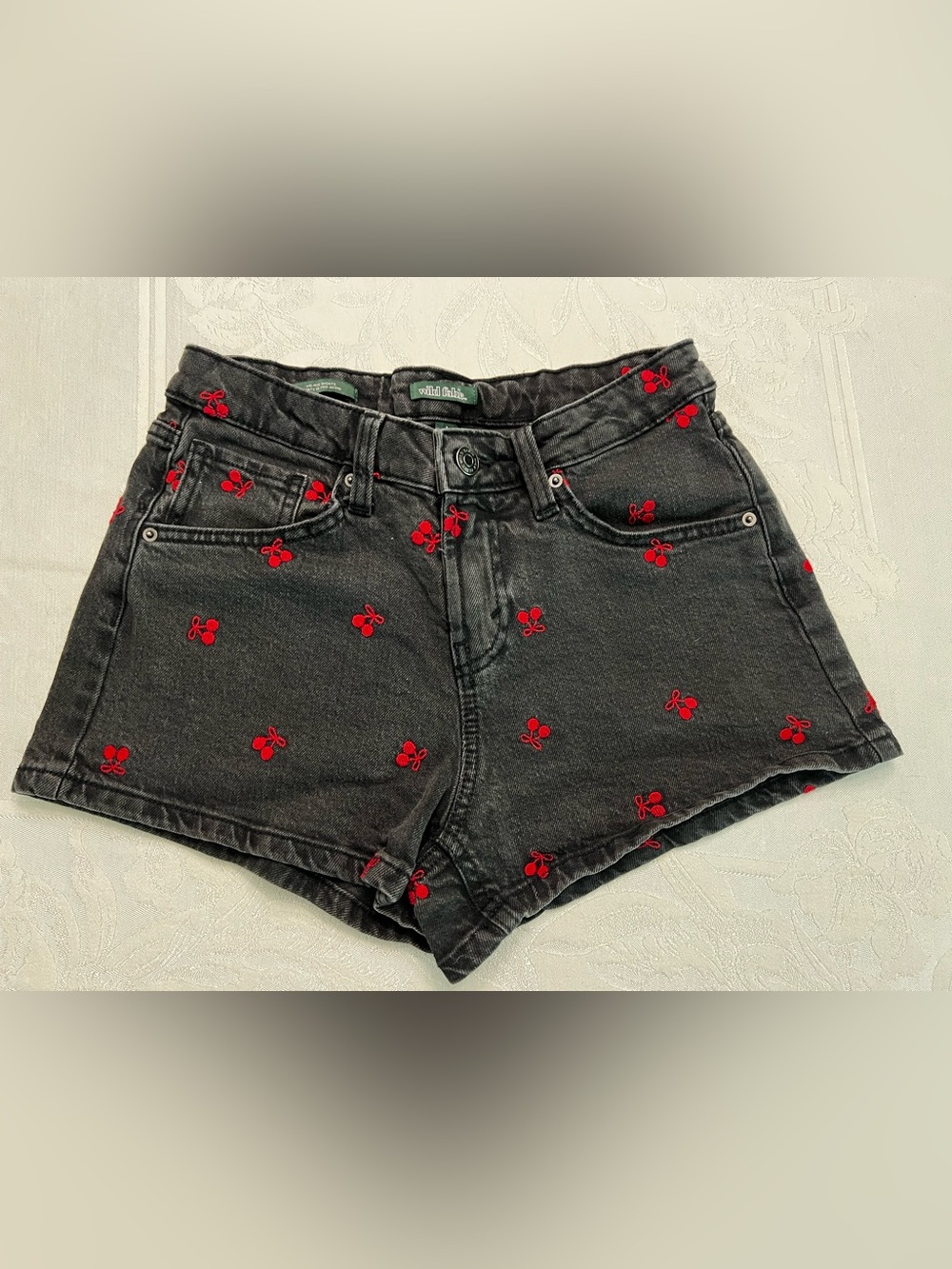 Wild Fable Size 0 Black Denim Shorts with Red Cherry Embroidery